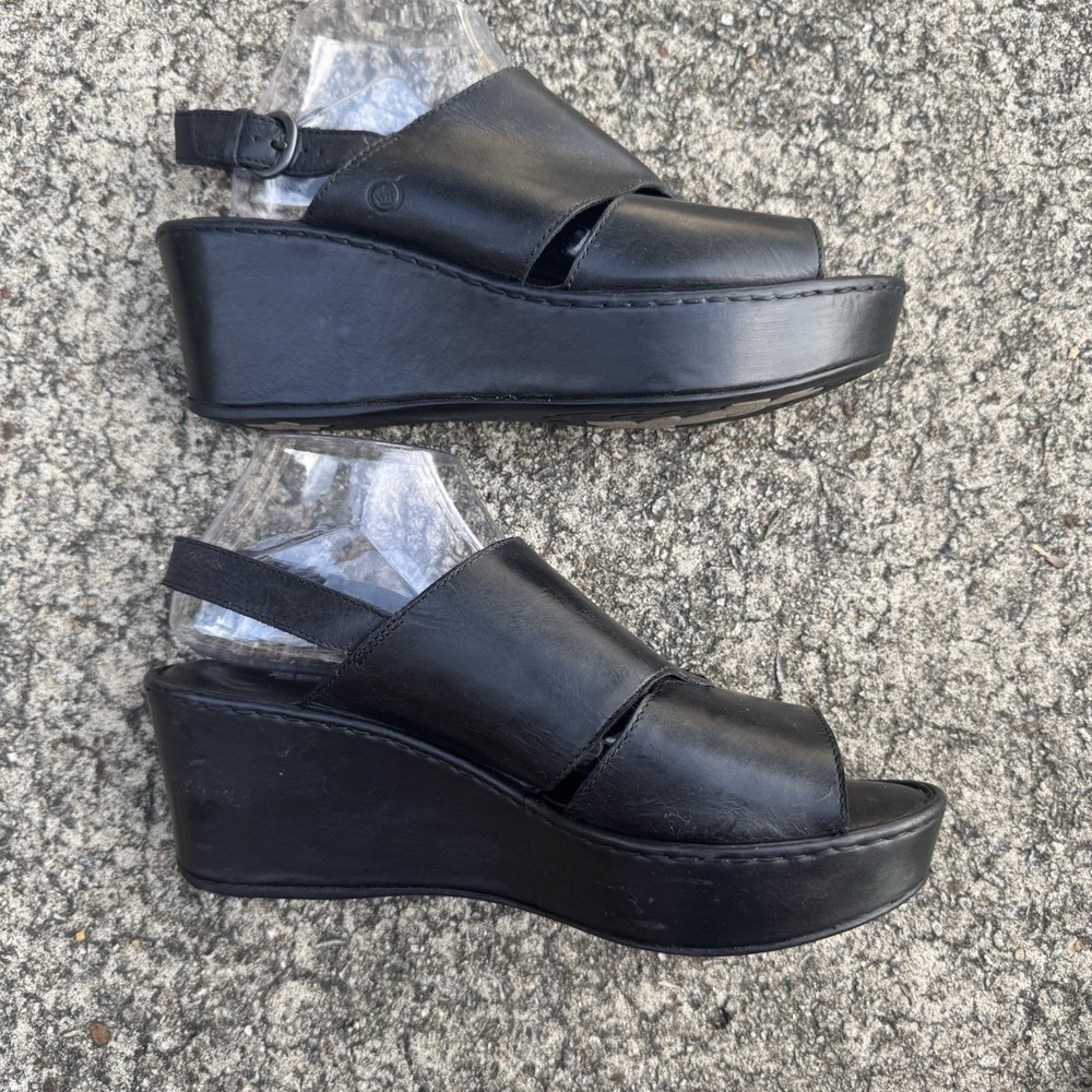 BORN Emmy Platform 4" Wedge‎ Cross Strap Women's Sz 11 M Black Leather Sandals - Picture 7 of 12